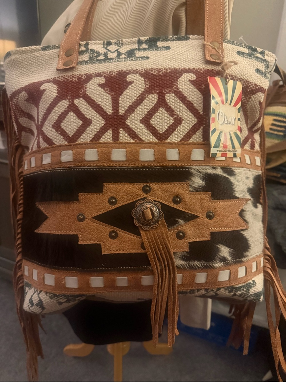 OHLAY Cowhide leather and Upcycled Canvas Fringe Tote - Picture 1 of 4